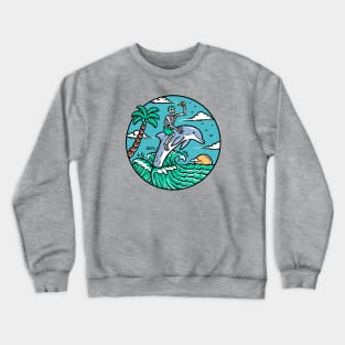 Funny Cartoon Skeleton Riding a Dolphin Crewneck Sweatshirt